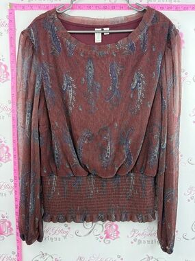 Joie blouse shiny style floral pleated Rust Paisley-Print Long-Sleeve Blouse